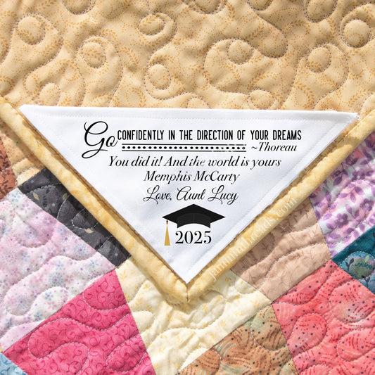 Graduation Quilt Label • “Go Confidently” Thoreau Quote • Personalized Corner Label (5.5”) - Jammin Threads
