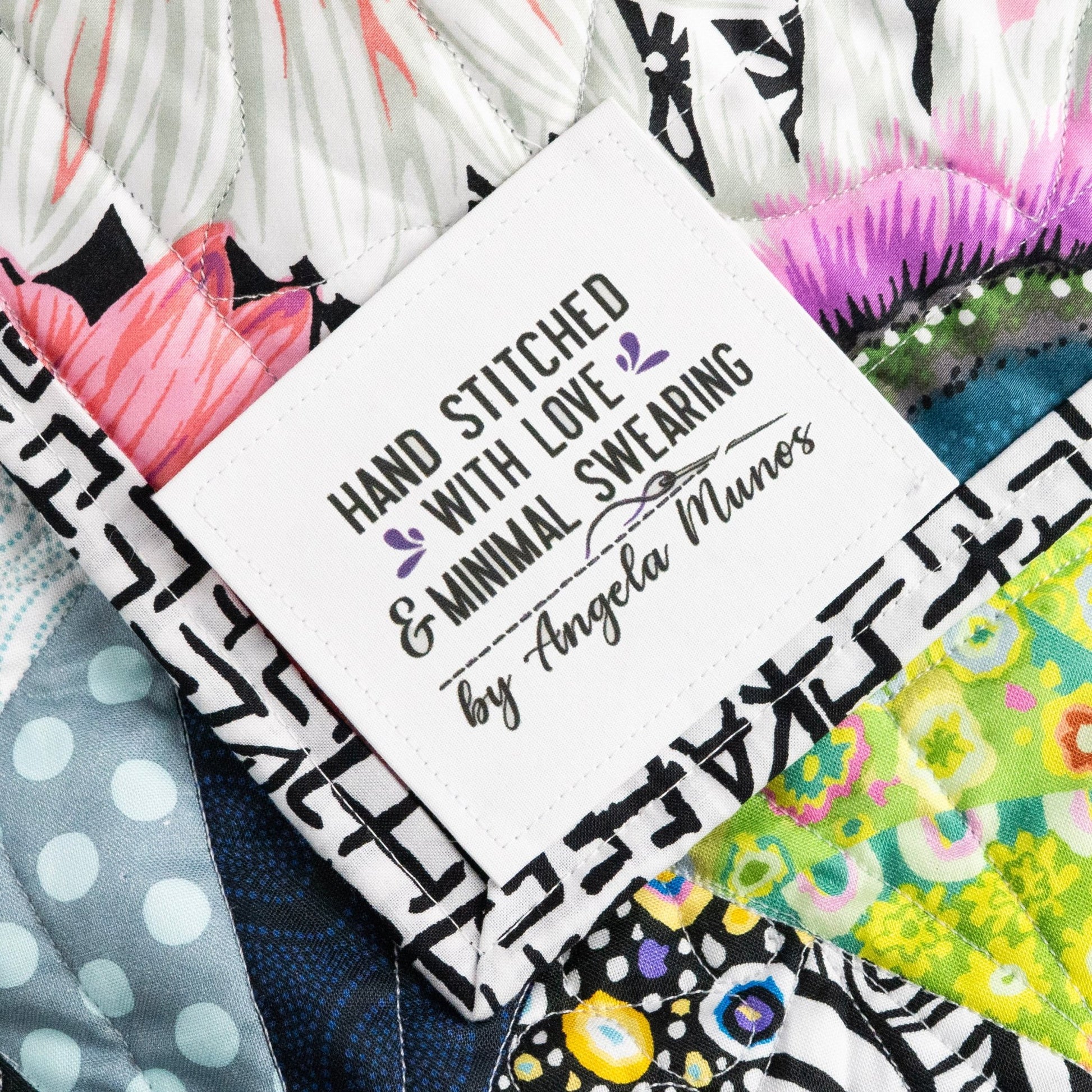 Hand Stitched With Love and Minimal Swearing Quilt Labels – Funny Personalized Quilting Labels – Cotton or Polyester – 6 per Sheet - Jammin Threads