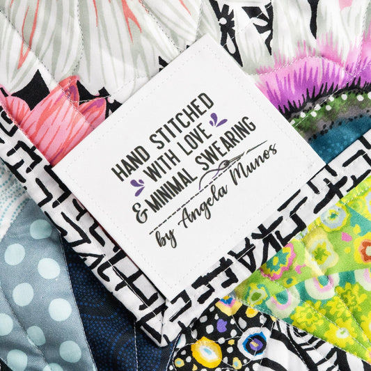 Hand Stitched With Love and Minimal Swearing Quilt Labels – Funny Personalized Quilting Labels – Cotton or Polyester – 6 per Sheet - Jammin Threads