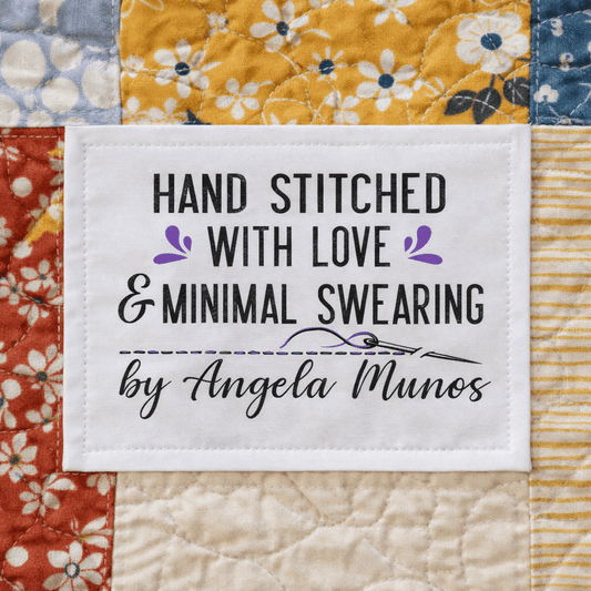 Hand Stitched With Love and Minimal Swearing Quilt Labels – Funny Personalized Quilting Labels – Cotton or Polyester – 6 per Sheet - Jammin Threads