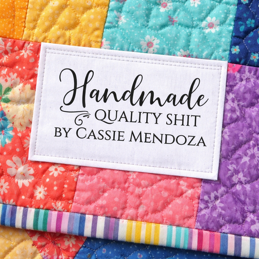“Handmade Quality Shit” Personalized Quilt Labels – Funny Quilter Labels | Sheet of 6 (3" x 1.4") - Jammin Threads