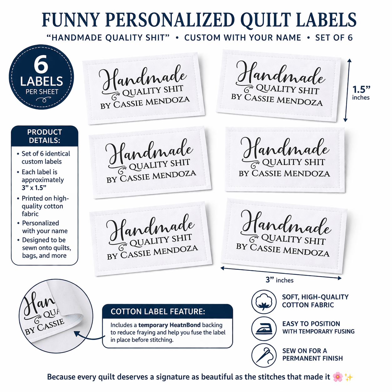 “Handmade Quality Shit” Personalized Quilt Labels – Funny Quilter Labels | Sheet of 6 (3" x 1.4") - Jammin Threads
