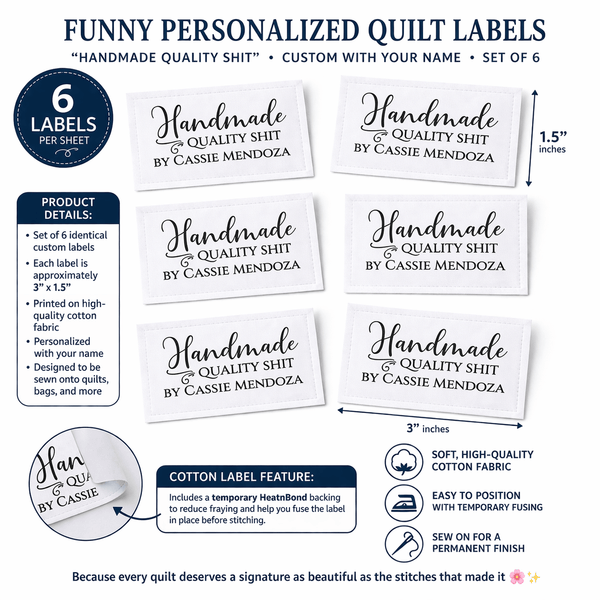 “Handmade Quality Shit” Personalized Quilt Labels – Funny Quilter Labels | Sheet of 6 (3" x 1.4") - Jammin Threads
