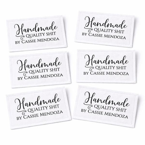 “Handmade Quality Shit” Personalized Quilt Labels – Funny Quilter Labels | Sheet of 6 (3" x 1.4") - Jammin Threads