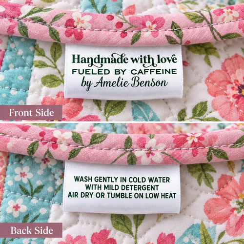 Handmade with Love & Caffeine – Personalized Satin Quilt Tags - Jammin Threads