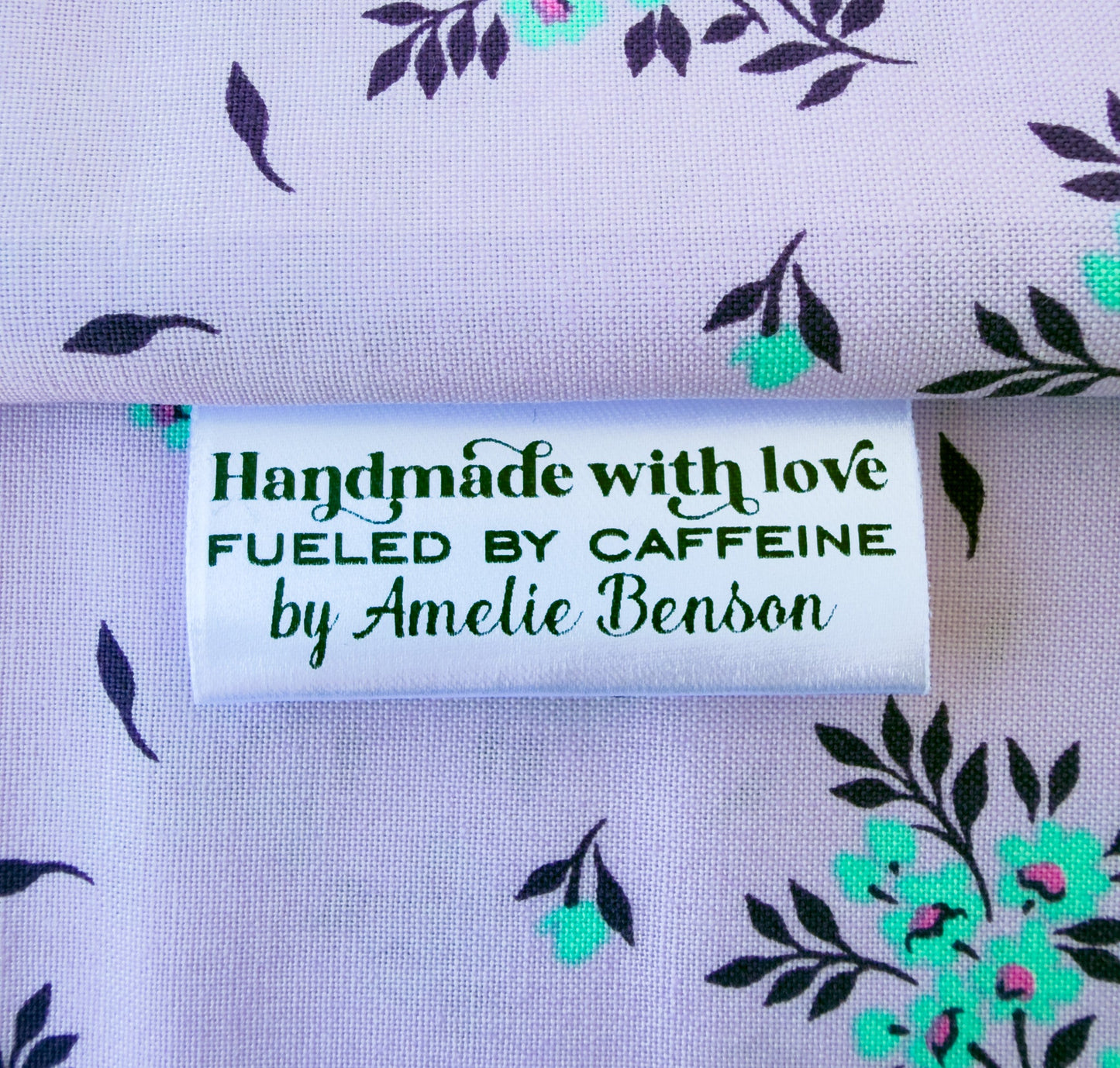 Handmade with Love & Caffeine – Personalized Satin Quilt Tags (Set of 25, 2" x 1") - Jammin Threads