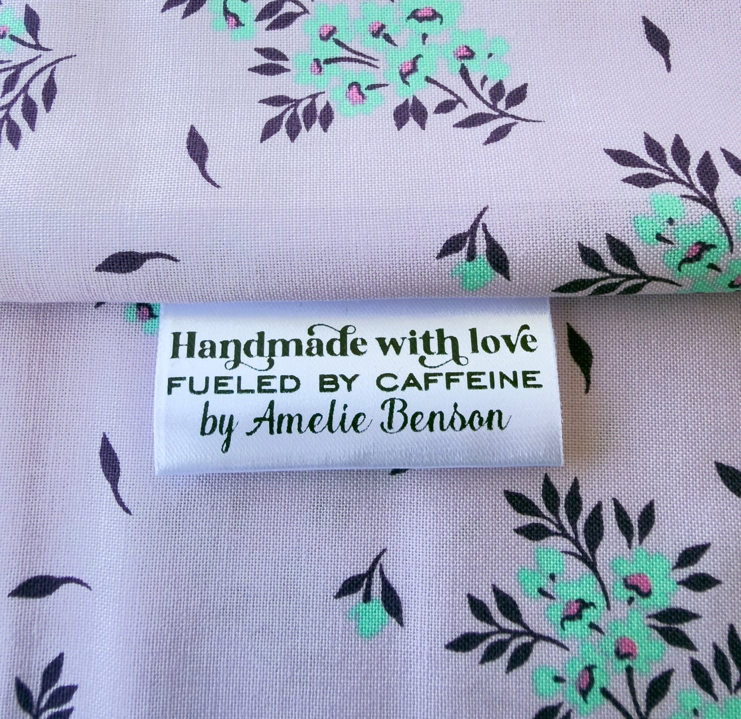 Handmade with Love & Caffeine – Personalized Satin Quilt Tags (Set of 25, 2" x 1") - Jammin Threads