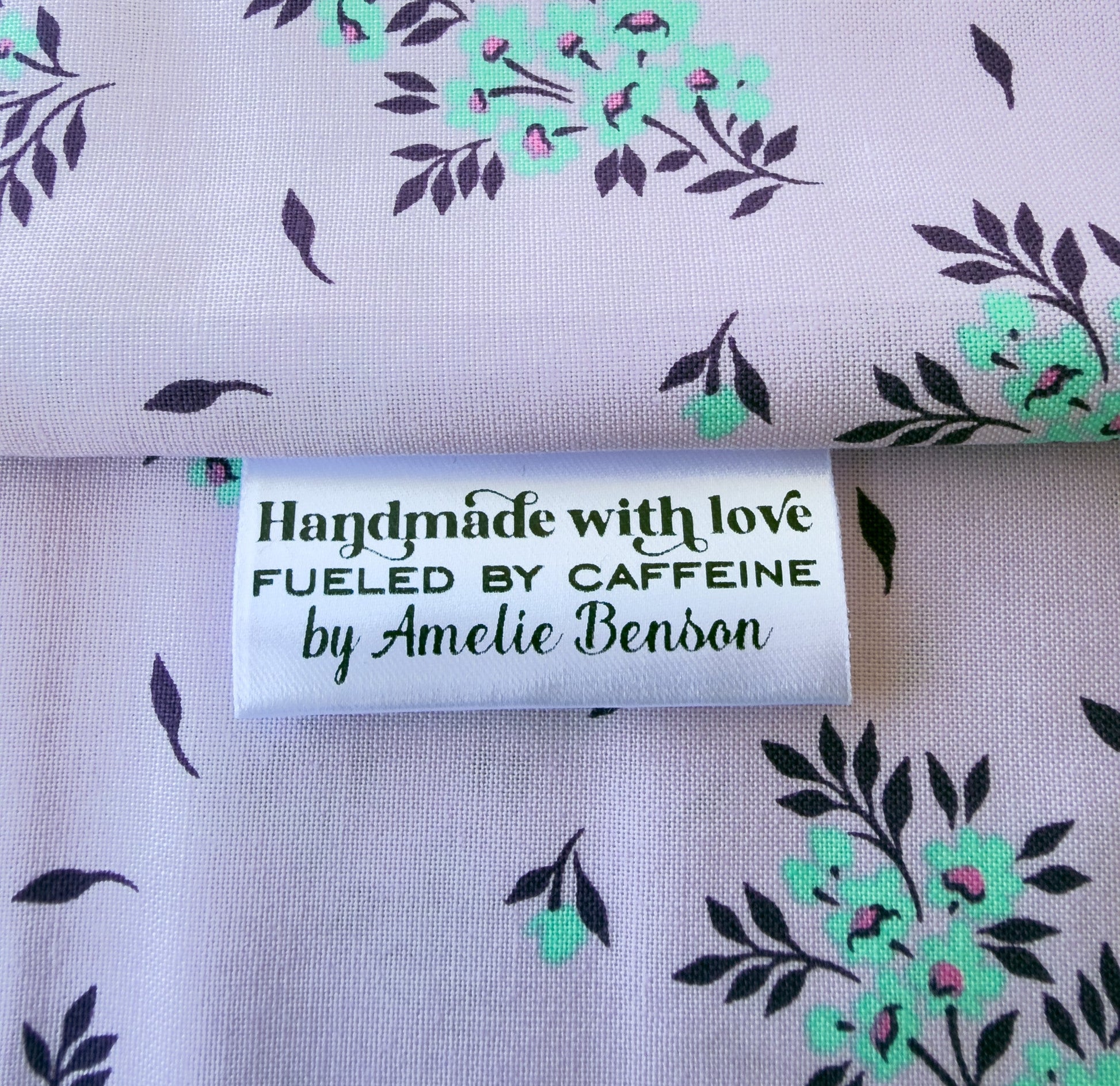 Handmade with Love & Caffeine – Personalized Satin Quilt Tags (Set of 25, 2" x 1") - Jammin Threads