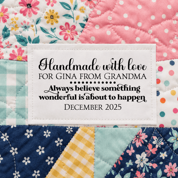“Handmade With Love For” Personalized Quilt Label • 3" x 1.75" • Cotton or Polyester • Custom Name, Maker & Date - Jammin Threads
