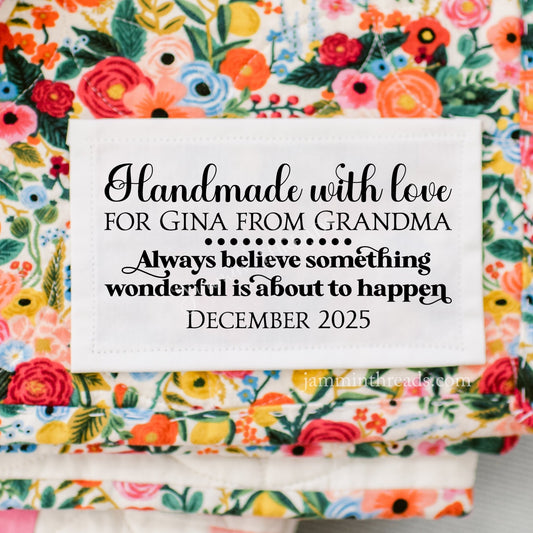 “Handmade With Love For” Personalized Quilt Label • 3" x 1.75" • Cotton or Polyester • Custom Name, Maker & Date - Jammin Threads