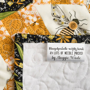 Handmade with Love & Lots of Needle Pricks Satin Quilt Tags – Personalized with Maker’s Name | Set of 25 - Jammin Threads