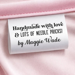 Handmade with Love & Lots of Needle Pricks Satin Quilt Tags – Personalized with Maker’s Name | Set of 25 - Jammin Threads