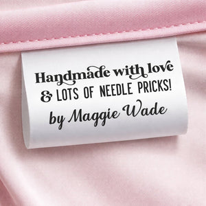 Handmade with Love & Lots of Needle Pricks Satin Quilt Tags – Personalized with Maker’s Name | Set of 25 - Jammin Threads