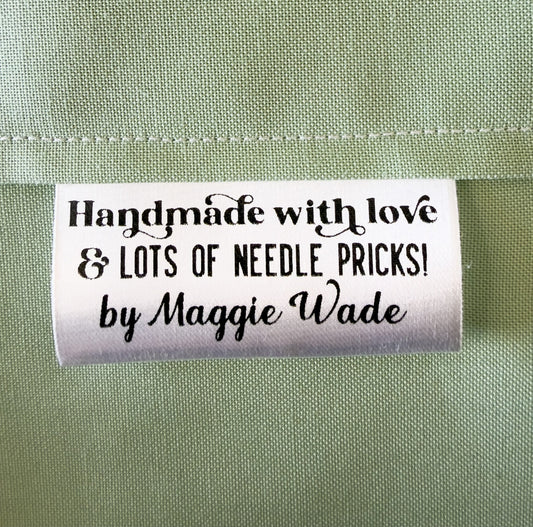 Handmade with Love & Lots of Needle Pricks Satin Quilt Tags – Personalized with Maker’s Name | Set of 25 - Jammin Threads