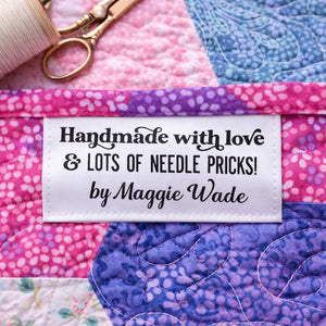 Handmade with Love & Lots of Needle Pricks Satin Quilt Tags – Personalized with Maker’s Name | Set of 25 - Jammin Threads
