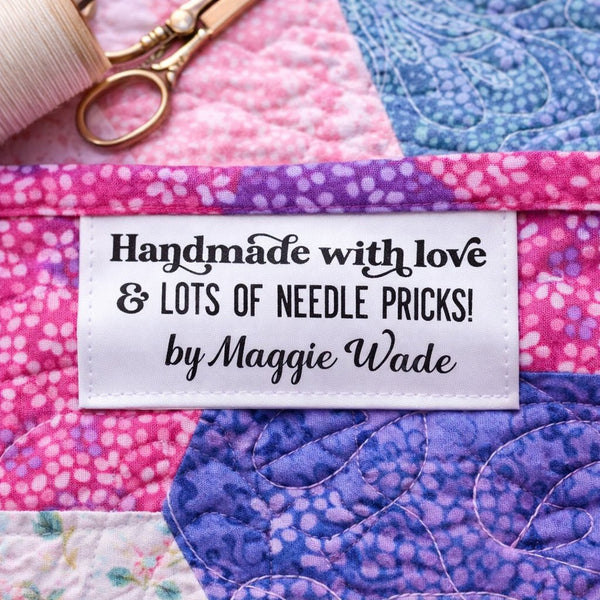 Handmade with Love & Lots of Needle Pricks Satin Quilt Tags – Personalized with Maker’s Name | Set of 25 - Jammin Threads