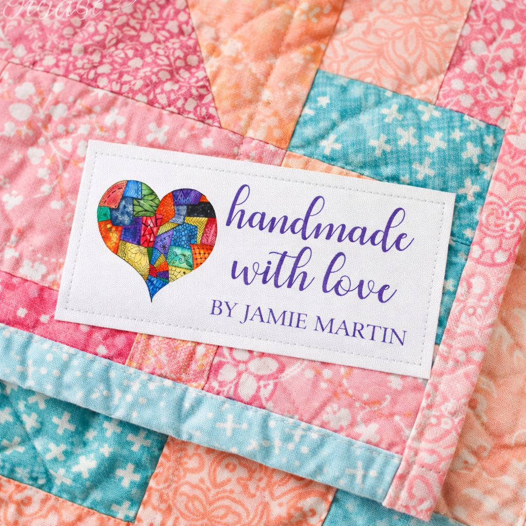 Handmade with Love Quilt Label with Quilted Heart – Personalized Quilt Labels, Custom Quilt Tags, 8 per Sheet - Jammin Threads