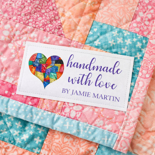Handmade with Love Quilt Label with Quilted Heart – Personalized Quilt Labels, Custom Quilt Tags, 8 per Sheet - Jammin Threads