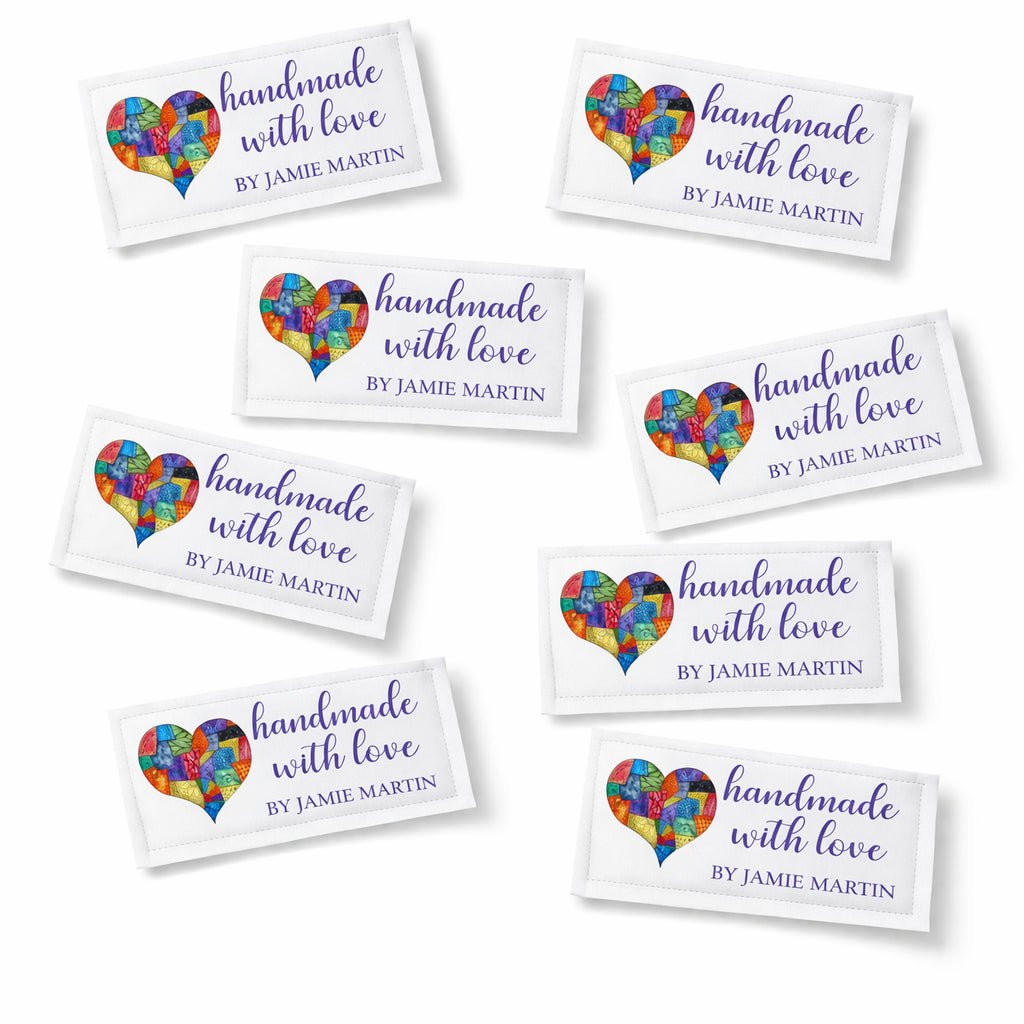 Handmade with Love Quilt Label with Quilted Heart – Personalized Quilt Labels, Custom Quilt Tags, 8 per Sheet - Jammin Threads