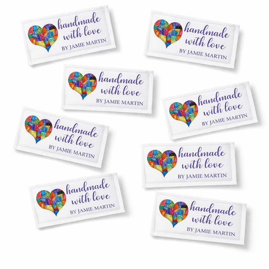 Handmade with Love Quilt Label with Quilted Heart – Personalized Quilt Labels, Custom Quilt Tags, 8 per Sheet - Jammin Threads