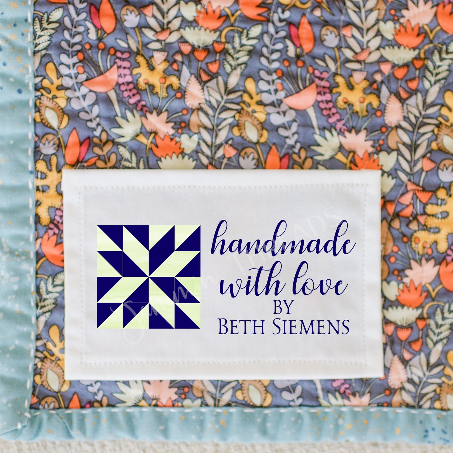 Personalized Quilt Label – Handmade With Love – Blue & Green Quilt Block – Custom Quilt Tag – 8 Per Sheet – Jammin’ Threads