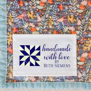 Personalized Quilt Label – Handmade With Love – Blue & Green Quilt Block – Custom Quilt Tag – 8 Per Sheet – Jammin’ Threads
