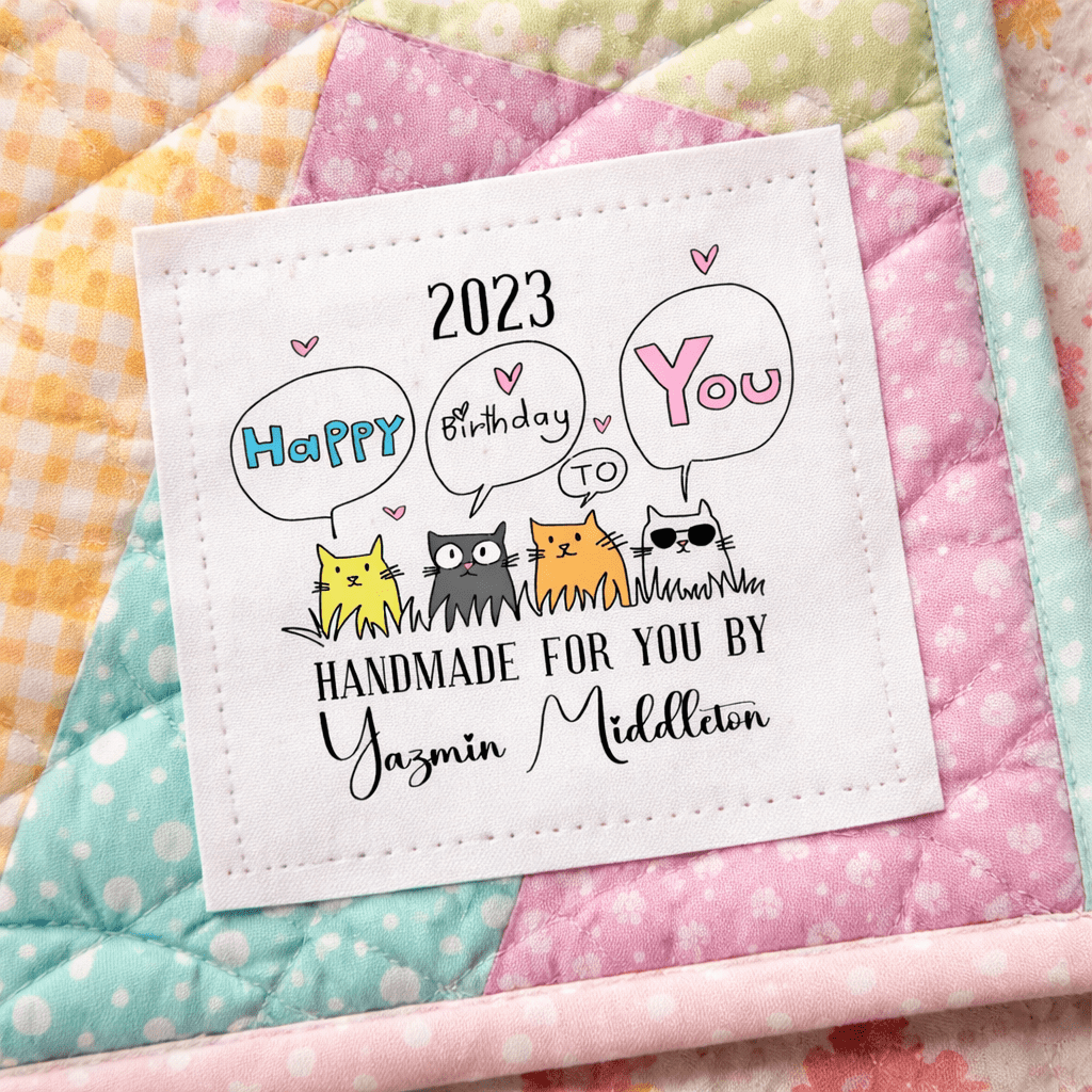 Happy Birthday Quilt Label with Cute Cats – Personalized Name & Year Quilt Label – Funny Cat Quilt Tag – Handmade Quilt Label - Jammin Threads