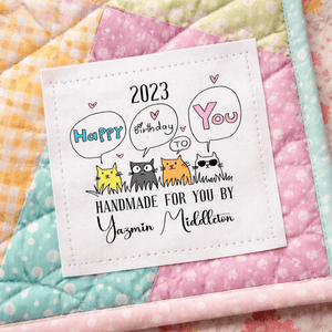 Happy Birthday Quilt Label with Cute Cats – Personalized Name & Year Quilt Label – Funny Cat Quilt Tag – Handmade Quilt Label - Jammin Threads