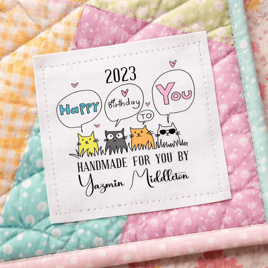 Happy Birthday Quilt Label with Cute Cats – Personalized Name & Year Quilt Label – Funny Cat Quilt Tag – Handmade Quilt Label - Jammin Threads