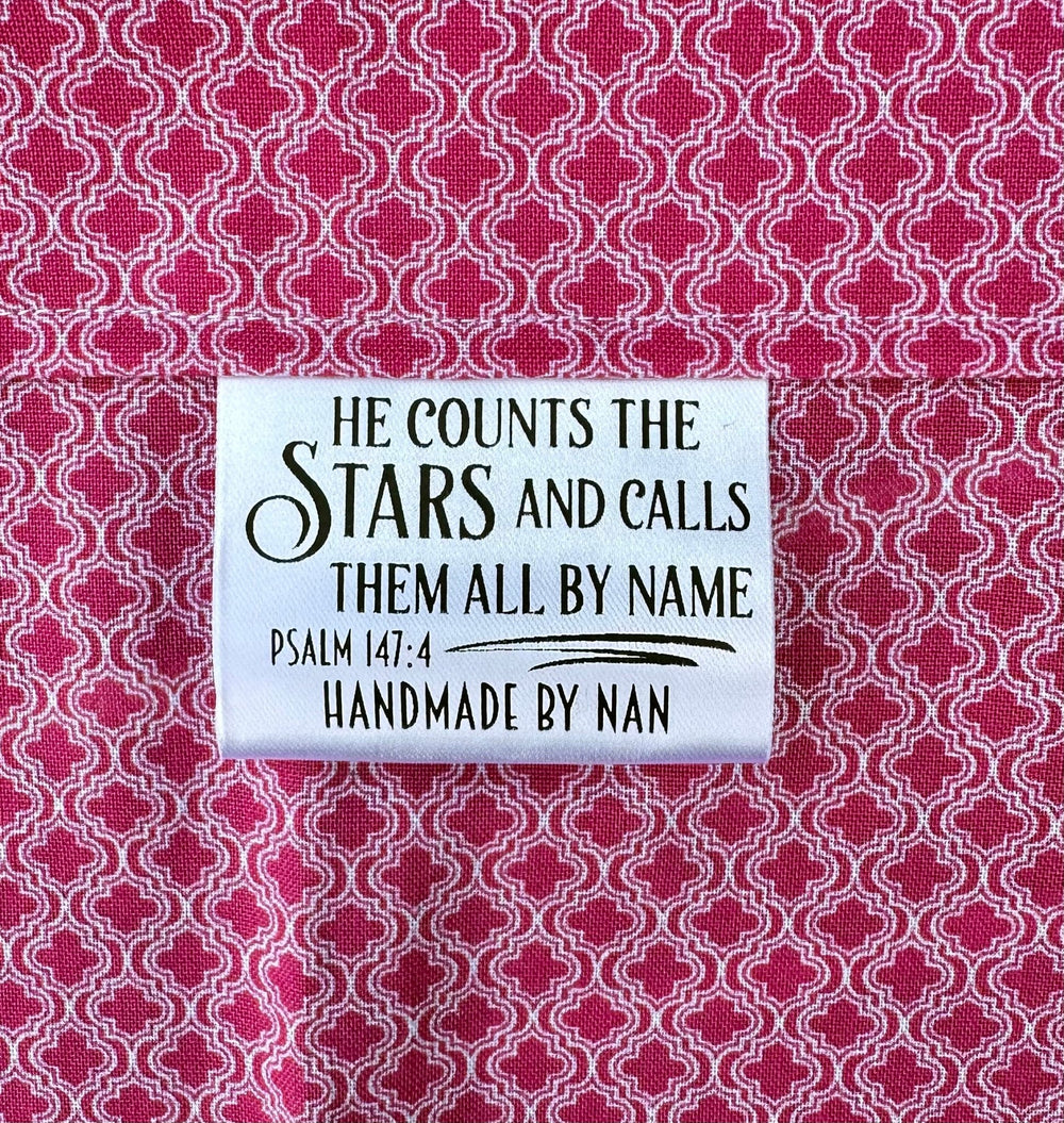 Personalized Psalm 147:4 Satin Quilt Labels – “He Counts the Stars” – Custom Sew - In Tags, Set of 25 - Jammin Threads