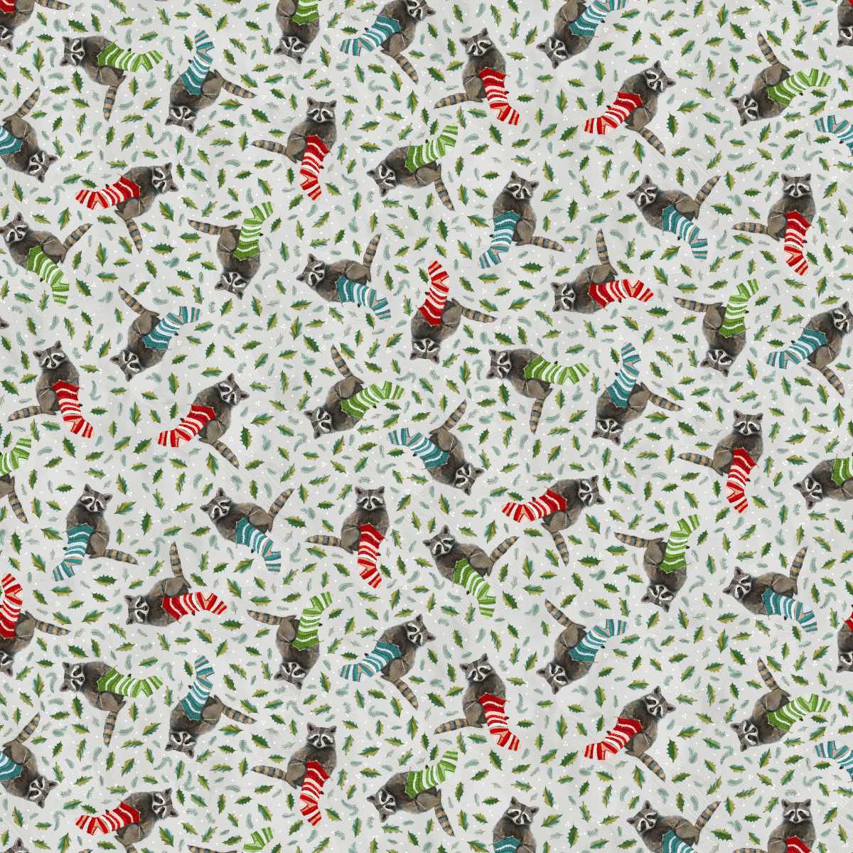Holly Woods Christmas Quilt Fabric Knitting Raccoons 9242-11 Pearl - Jammin Threads