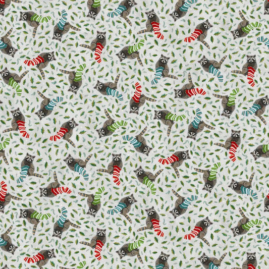 Holly Woods Christmas Quilt Fabric Knitting Raccoons 9242-11 Pearl - Jammin Threads