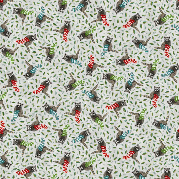 Holly Woods Christmas Quilt Fabric Knitting Raccoons 9242-11 Pearl - Jammin Threads