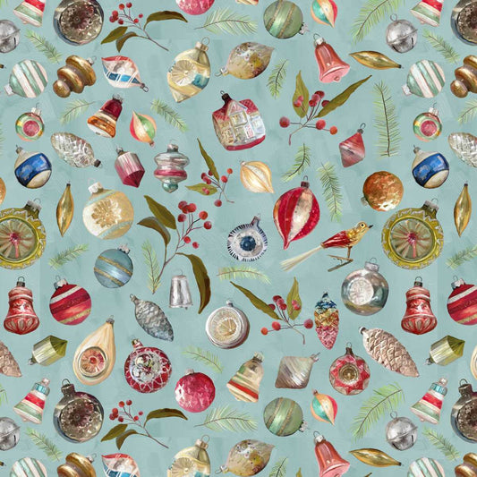 Holly Woods Christmas Quilt Fabric Vintage Ornaments 9240-79 Slate - Jammin Threads