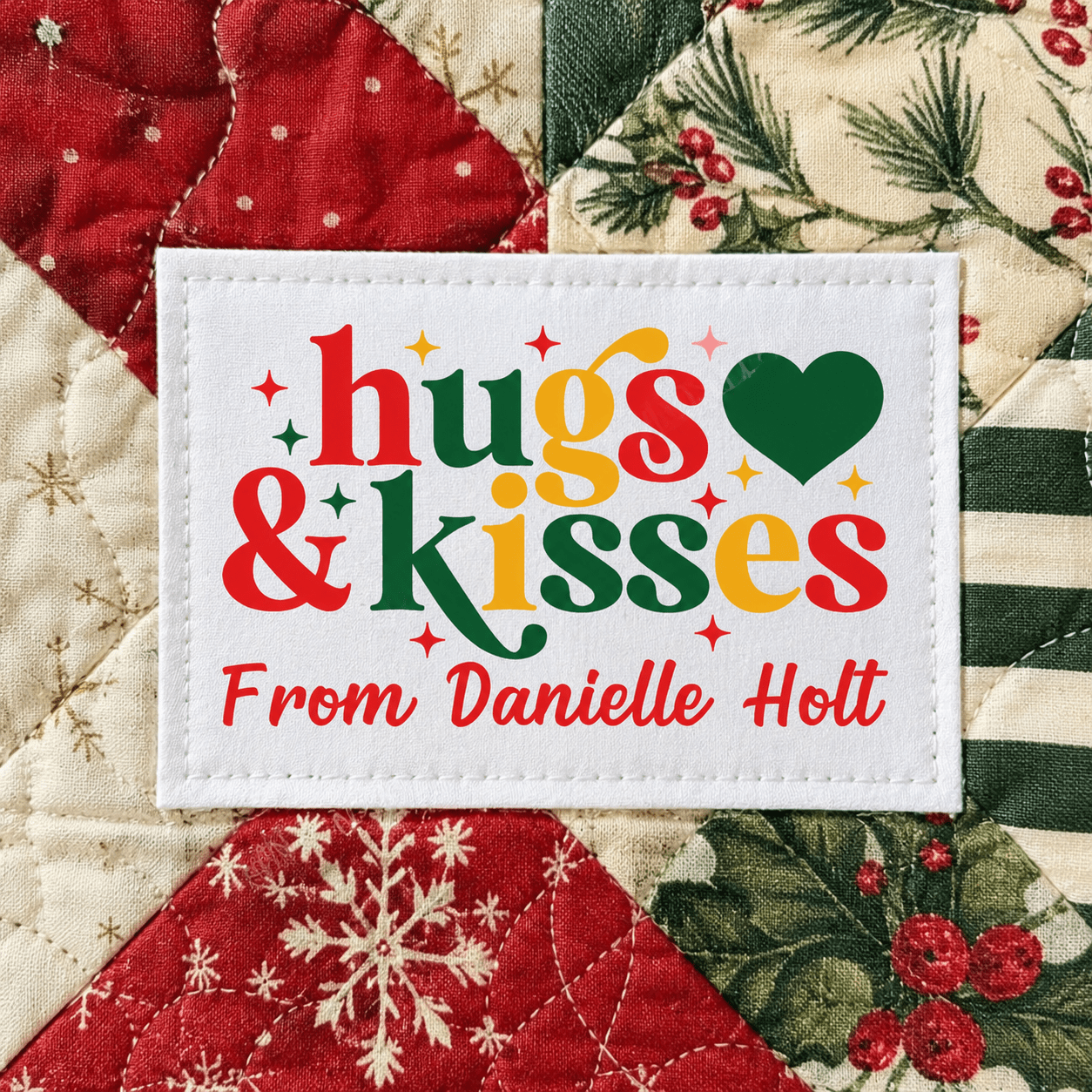 Hugs & Kisses Christmas Quilt Labels • Red, Green & Gold • Personalized • 9 Cotton Labels per Sheet • 2" x 1.25" - Jammin Threads