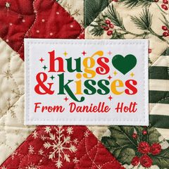 Hugs & Kisses Christmas Quilt Labels • Red, Green & Gold • Personalized • 9 Cotton Labels per Sheet • 2" x 1.25" - Jammin Threads