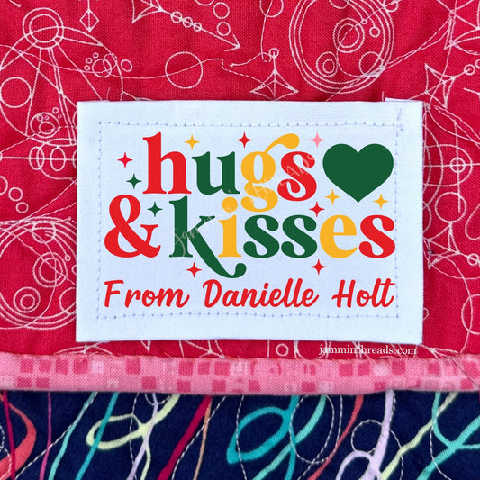 Hugs & Kisses Christmas Quilt Labels • Red, Green & Gold • Personalized • 9 Cotton Labels per Sheet • 2" x 1.25" - Jammin Threads