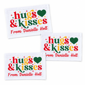 Hugs & Kisses Christmas Quilt Labels • Red, Green & Gold • Personalized • 9 Cotton Labels per Sheet • 2" x 1.25" - Jammin Threads