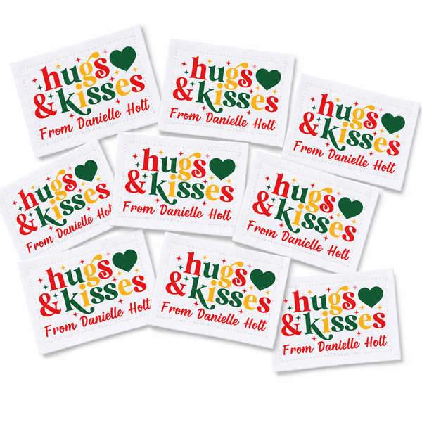 Hugs & Kisses Christmas Quilt Labels • Red, Green & Gold • Personalized • 9 Cotton Labels per Sheet • 2" x 1.25" - Jammin Threads