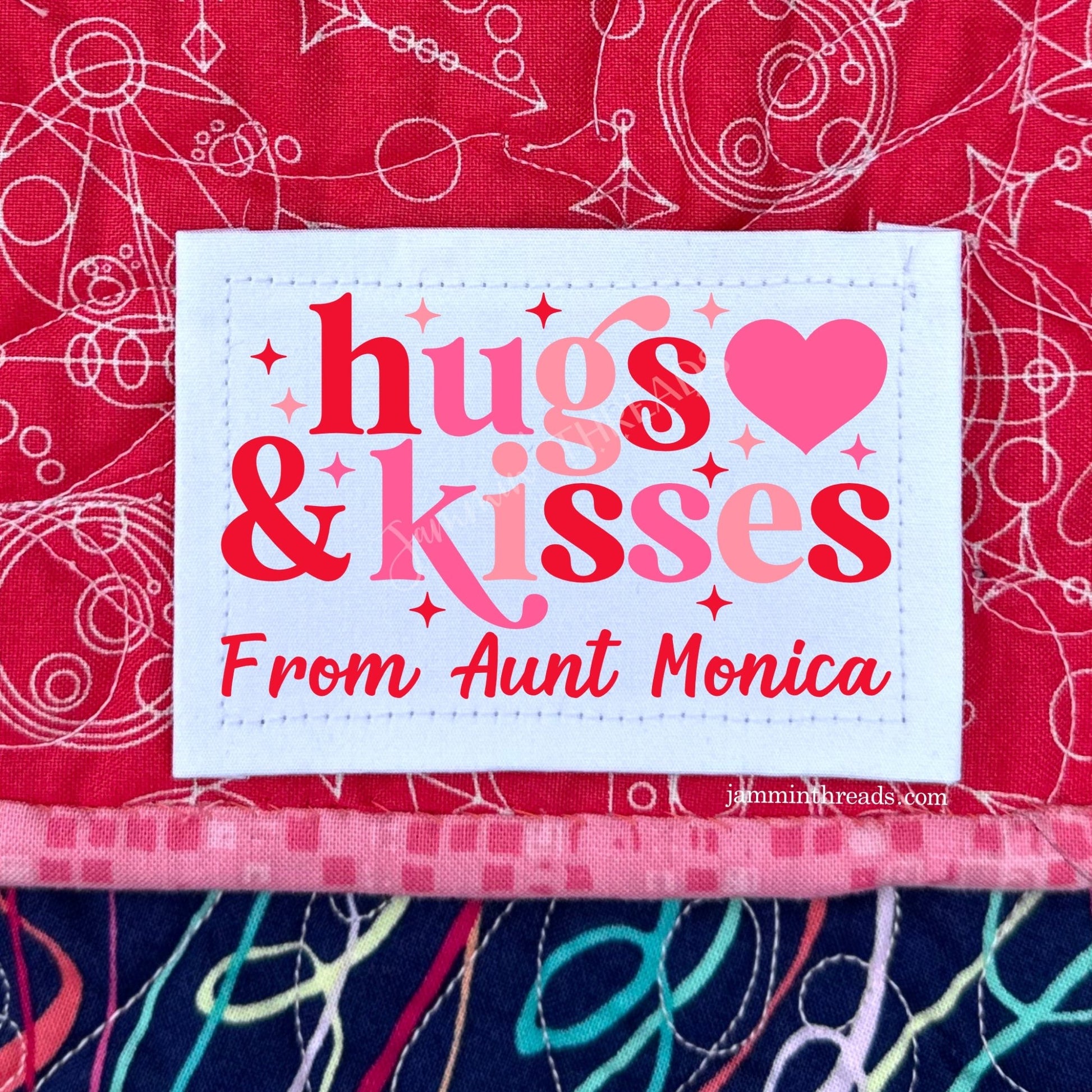 Hugs & Kisses Personalized Quilt Labels • 9 Cotton Labels per Sheet • 2" x 1.25" • Custom Quilt Tag - Jammin Threads