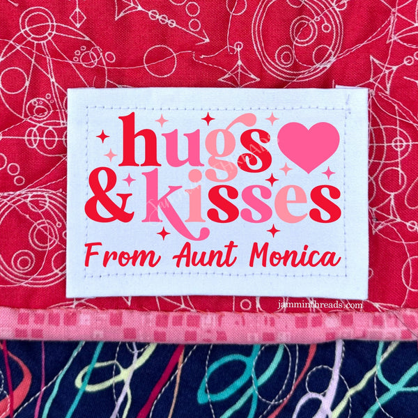 Hugs & Kisses Personalized Quilt Labels • 9 Cotton Labels per Sheet • 2" x 1.25" • Custom Quilt Tag - Jammin Threads