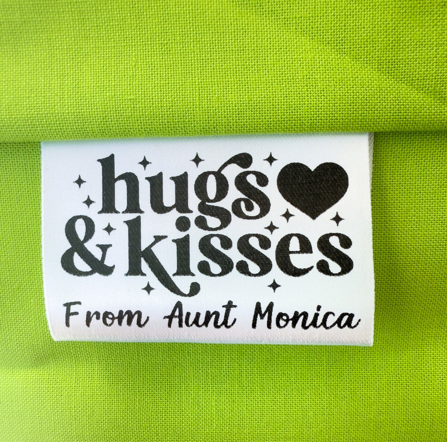 Hugs & Kisses • Personalized Satin Quilt & Handmade Tags • Set of 25 • 2x1" Fold Labels - Jammin Threads