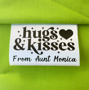 Hugs & Kisses • Personalized Satin Quilt & Handmade Tags • Set of 25 • 2x1" Fold Labels - Jammin Threads