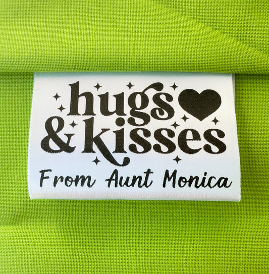 Hugs & Kisses • Personalized Satin Quilt & Handmade Tags • Set of 25 • 2x1" Fold Labels - Jammin Threads