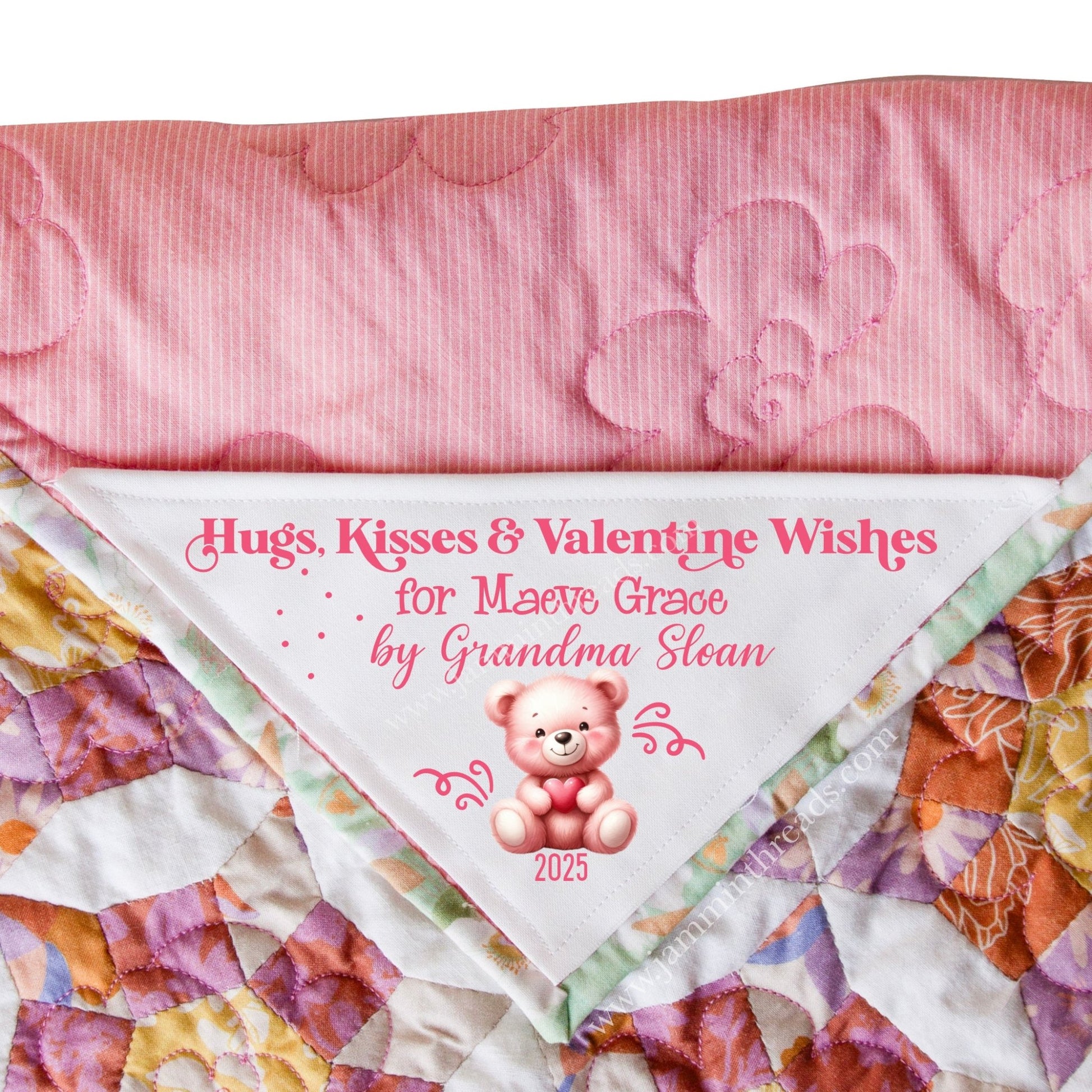 Hugs, Kisses & Valentine Wishes Corner Quilt Label – Personalized Valentine Quilt Label - Jammin Threads