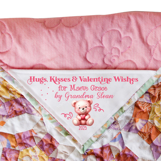 Hugs, Kisses & Valentine Wishes Corner Quilt Label – Personalized Valentine Quilt Label - Jammin Threads