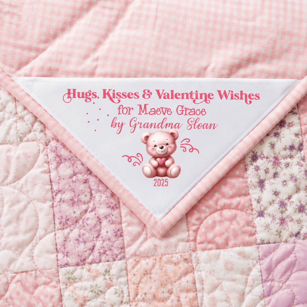 Hugs, Kisses & Valentine Wishes Corner Quilt Label – Personalized Valentine Quilt Label - Jammin Threads