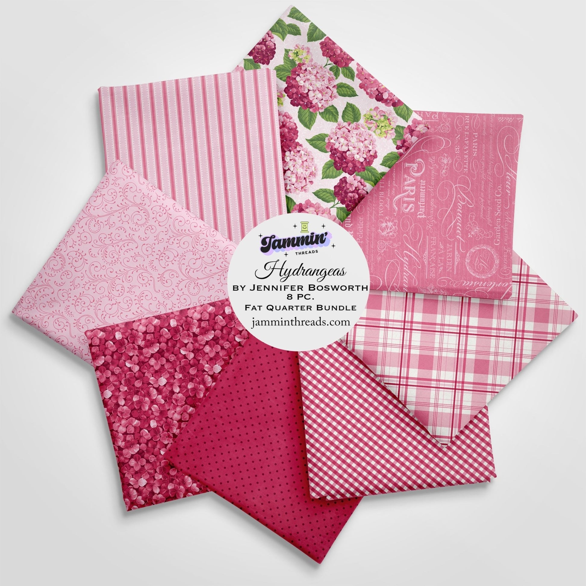 Hydrangeas Fat Quarter Bundle – 8 Piece Set by Jennifer Bosworth for Riley Blake Designs – Pink Floral Quilt Fabric – Curated by Jammin’ Threads - Jammin Threads