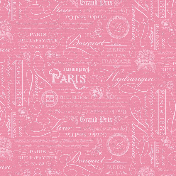 Hydrangeas in the Garden Quilt Fabric Text Rose Pearl CPL16833 - ROSE - Jammin Threads