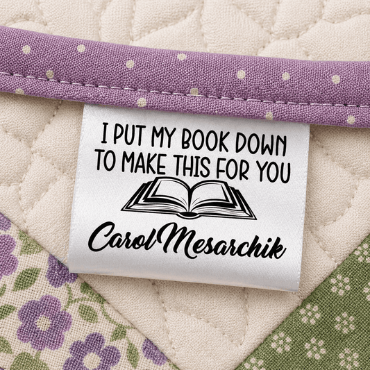 I Put My Book Down Quilt Label – Personalized Satin Tag with Name | Reader Gift Quilt Tag | Sew - In Label with Book Design - Jammin Threads